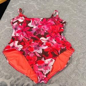 Leilani Vibrant Floral womens One Piece Swimsuit Sz 14 red & brown pink